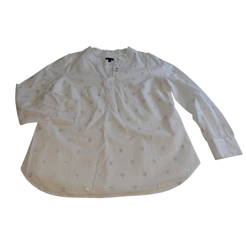 Talbots Blouse Women Large White New Silver Metallic Polka Dot Ruffle Split Neck
